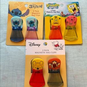 3 pks Disney Magnetic Bag Clips with Stitch and Winnie the Pooh and SpongeBob!